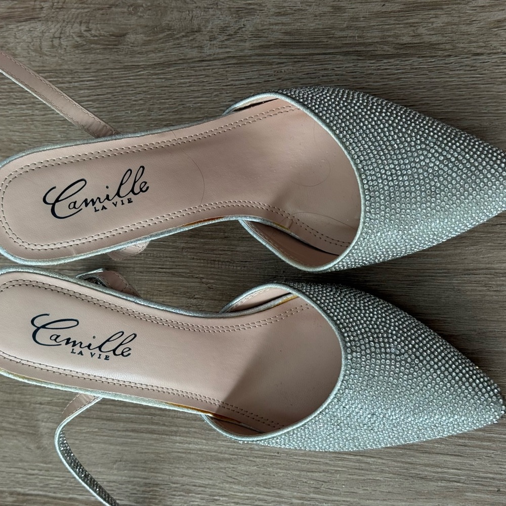 Camille La Vie Silver Rhinestone Pointed Toe Slingback Flats